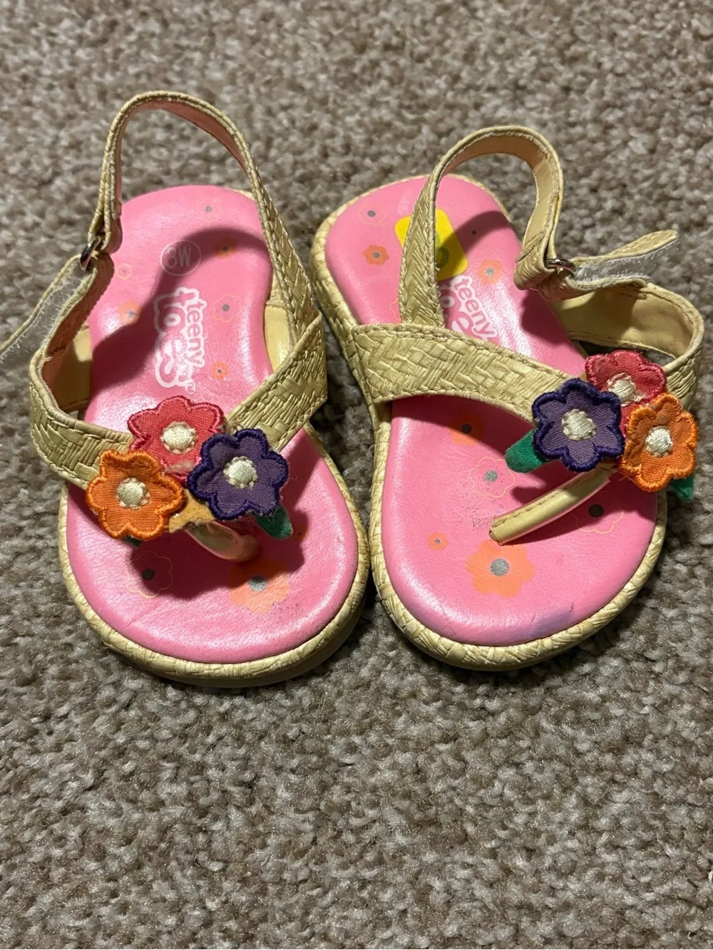 Girls Pink Floral Sandals with Tan Straps